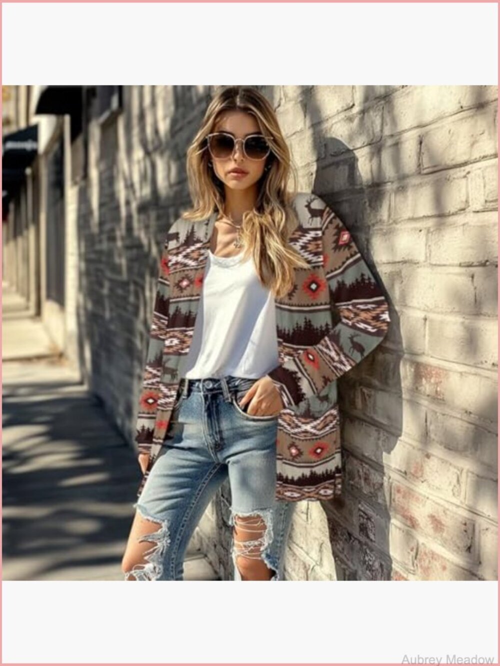 Women's Aztec Open-Front Jacket Lightweight Casual Cardigan Long Sleeve - Picture 5 of 6